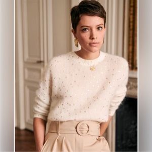 Sézane Ecru /Gold dot Large wool blend sweater.